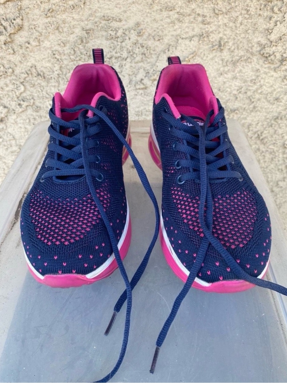 Women’s Navy Blue Pink Knit Athletic Sneakers Lace Up Air Sole Running Shoes
